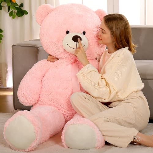 MorisMos 130cm XXL groß Teddybär mit Süß Schleife, Rosa 1.3m Riesen Teddy Bär, Plüschbär kuschelbär Stoffbär Geschenk Freundin Mädchen Jahrestag Weihnachten Neujahr von MorisMos