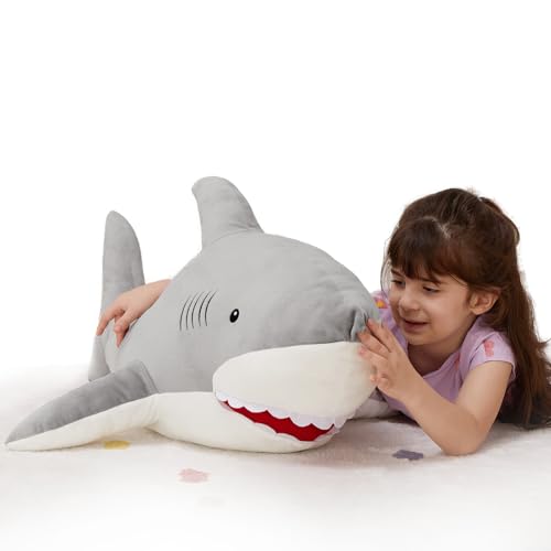 MorisMos 130cm lang riesen Hai Kuscheltier XXL, weich groß Hai Stofftier Plüschtier,Grau Plüschhai Shark Spielzeug Geschenk Kinder Mädchen von MorisMos