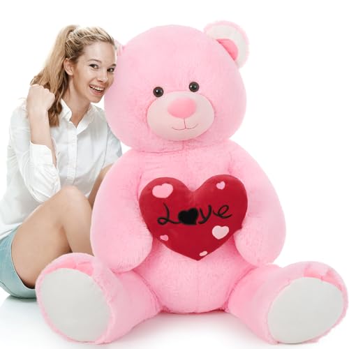 MorisMos 130cm riesen Teddy mit Herz,Rosa groß teddybär XXL, weich Kuschelbär XXXL, Liebesgeschenk für Freundin Mädchen Partnerin Ehefrau von MorisMos