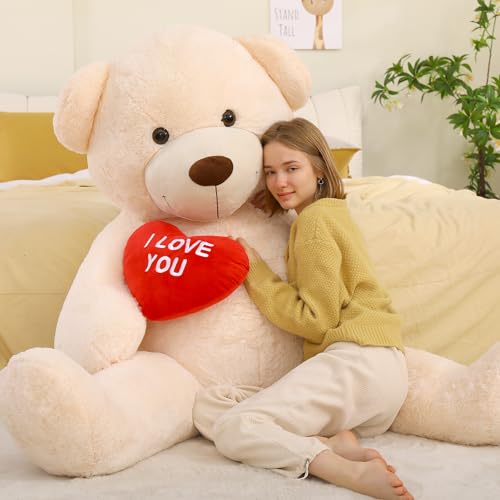 MorisMos 150cm riesen Teddys mit Herz, Beige groß teddybär XXL Kuscheltier, kuschelig Plüschbär XXXL, Valentinstag Geburtstag Liebesgeschenk Partnerin Ehefrau Mutter Kinder Freundin von MorisMos