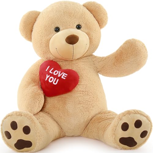 MorisMos 150cm riesen Teddy mit Herz, Hellbraun groß teddybär XXL, kuschelig Plüschbär XXXL, Geburtstagsgeschenk für Freundin Frauen Mädchen von MorisMos