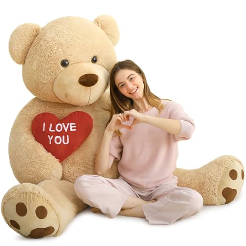 MorisMos 150cm riesen Teddy mit Herz, Hellbraun groß teddybär XXL, kuschelig Plüschbär XXXL, Geburtstagsgeschenk für Freundin Frauen Mädchen von MorisMos