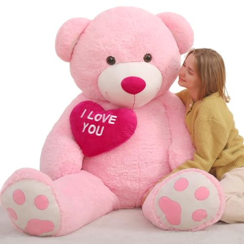 MorisMos Rosa Riesen Teddy mit Herz Rot- I Love You, 183cm Teddybär groß XXL, Geschenk Valentinstag Kuschelbär Mädchen Fraun von MorisMos
