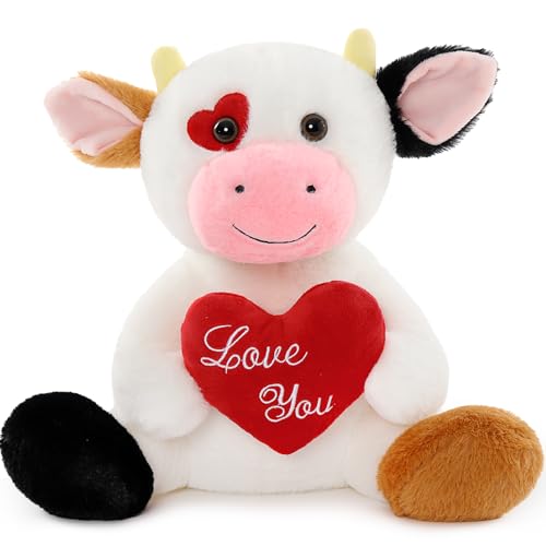 MorisMos 31cm Kuh Kuscheltier mit Herz, klein Milk Cow Stofftier Plüschtier,Geburtstag Geschenk für Jungen Freundin Mädchen von MorisMos