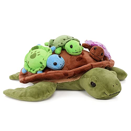 MorisMos 32cm Plüsch Kuscheltier Schildkröte mit 3 Baby im Panzer, 4 Stücke Süß Kuschelig Schildkröten Plüschtier Stofftier, Turtle Spielzeug Dekokissen für Geburtstag Themeparty Weihnachten Geschenk von MorisMos