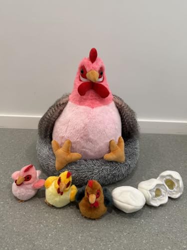 MorisMos 35cm hoch Rosa riesen Hahn Kuscheltier XXL, groß Hahn Stofftier XXL mit 3 Küken Baby im Ei, chickenteddy Plüsch-Chicken küken im Korb,Geschenk Kinder von MorisMos