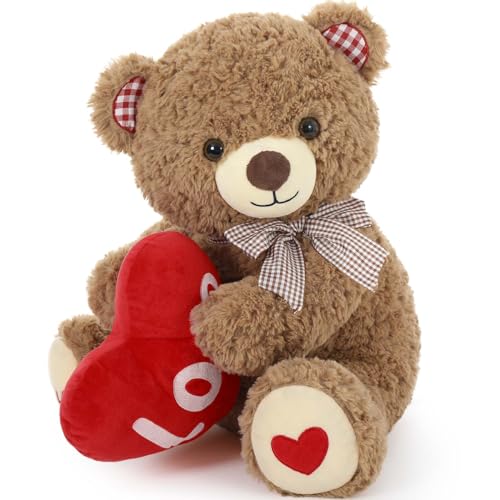MorisMos 35cm Teddy Plüschbär mit Herz Rot -klein Teddybär Plüschteddy, weich Kuscheltier Stofftier Schmusetier für Mädchen Babys von MorisMos