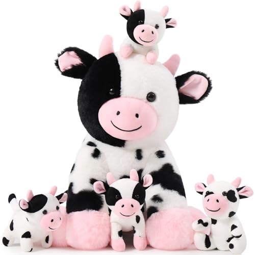 MorisMos 37cm riesen Kuh Kuscheltier XXL mit 4 Baby im Bauch, groß Plüschkühe Stofftier XXL, Flauschiger Plüschpuppe Kissen Cow Geschenk für Jungen von MorisMos