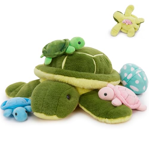 MorisMos 4 Stück Kuscheltiere Schildkröten Set, 45cm groß Schildkröten Mama mit 3 Klein Schildkröten und 1 Ei, Geburtstag Weihnachten Geschenk für Jungen Kinder von MorisMos