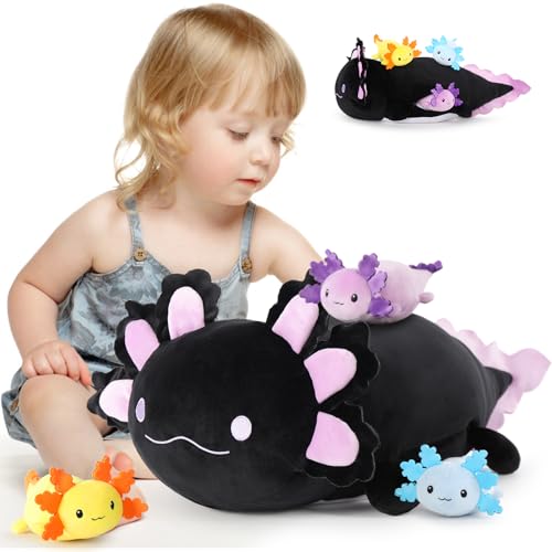 MorisMos 4 stücke Axolotl Plüschkissen Set, 60cm lang süß Axolotl Kuscheltier XXL mit Babys im Bauch, weich Kissen Puppe Kinder Baby-Black von MorisMos