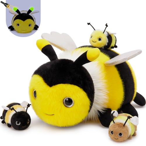 MorisMos 4 stücke Biene Plüschtier Set, 40cm groß Biene Kuscheltier XXL mit 3 Babys im Bauch, Bee Geburtstag Weihnachten Geschenk für Jungen Kinder von MorisMos