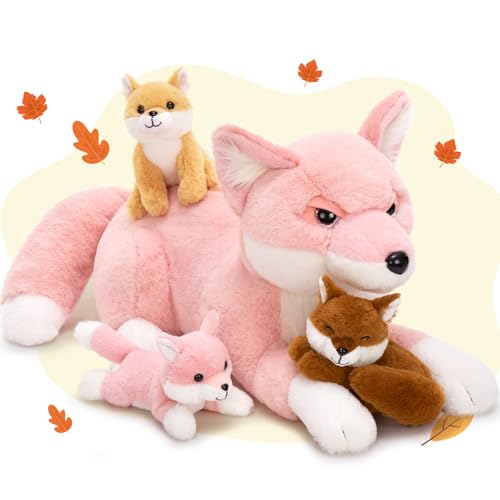 MorisMos 4 stücke Fuchs Plüschtier Set, 55cm groß Fuchs Kuscheltier XXL mit 3 Babys im Bauch, foxteddy Geburtstag Weihnachten Geschenk für Jungen Kinder von MorisMos