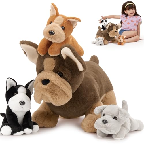 MorisMos 4 stücke Hund Kuscheltier XXL Set, 45cm hoch riesen Französische Bulldogge plüschtier stofftier mit 3 Baby im Bauch, groß Hund Baby Kinder Geburtstag Geschenk von MorisMos