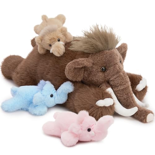 MorisMos 4 stücke Mammut Plüschtier Set, 55cm groß Mammut Kuscheltier XXL mit 3 Babys im Bauch, Geburtstag Weihnachten Geschenk für Jungen Kinder von MorisMos