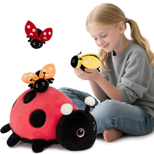 MorisMos 4 stücke Marienkäfer Plüschtier Set, 40cm groß Marienkäfer Kuscheltier XXL mit 3 Babys im Bauch, Ladybird Geburtstag Weihnachten Geschenk für Jungen Kinder von MorisMos