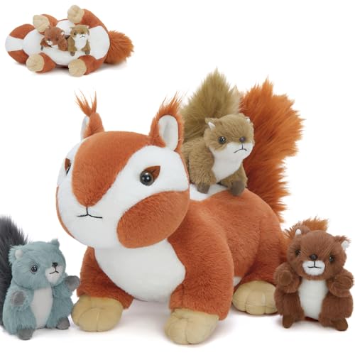 MorisMos 4 stücke Streifenhörnche Plüschtier Set, 45cm groß Chipmunk Kuscheltier XXL mit 3 Babys im Bauch, Geburtstag Weihnachten Geschenk für Jungen Kinder von MorisMos