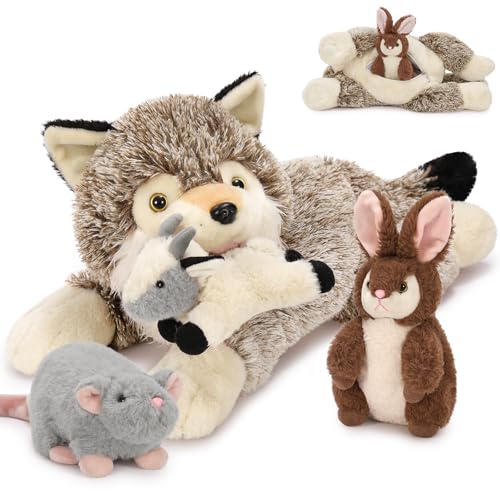MorisMos 4 stücke Wolf Kuscheltier XXL Set, 50cm lang riesen Wolf Kuscheltier mit 3 Babys im Bauch, Groß Wolf Plüschtier Stofftier wolfteddy Geschenk für Kinder von MorisMos