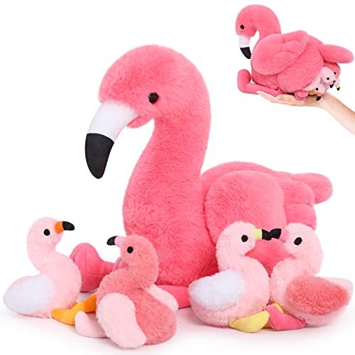 MorisMos 45cm sitzend Plüsch Flamingo mit 4 Baby im Bauch, Rosa Süß Kuschelig Flamingon Plüschtier Stofftier, Weich Spielzeug Dekokissen Geburtstag Themeparty Weihnachten Geschenk von MorisMos
