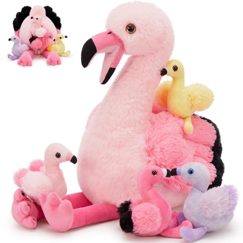 MorisMos 5 stücke Flamingo Kuscheltier XXL Set, 45cm hoch riesen Flamingo Kuscheltier mit Babys im Bauch, weich Plüschtier Stofftier Geburtstag Geschenk für Kinder Baby von MorisMos