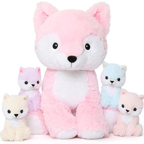 MorisMos 48cm lang Riesen Fuchs Kuscheltier mit 4 Babys im Bauch, Rosa Groß PlüschFuchs Kuscheltiere XXL, Flauschiger Stofftier Plüschtier foxTeddys Jungen Gebutstag Geschenk von MorisMos