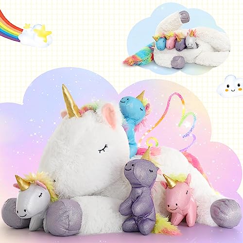 MorisMos Einhorn Kuscheltier XXL mit 4 Babys im Bauch, groß Einhorn Plüschtier Stofftier, riesen großes Einhorn Spielzeug Mädchen Kinder（5Pcs von MorisMos