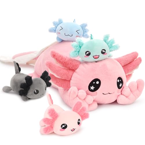 MorisMos 5 stücke Axolotl Plüschtiere Set, 81cm lang groß Axolotl Kuscheltier mit 4 Baby im Bauch, weich plüschkissen Kinder Baby-Pink von MorisMos