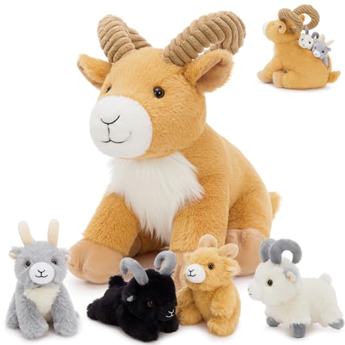 MorisMos 5 stücke Ziege Kuscheltier XXL Set, 37cm riesen Ziegenbock Kuscheltier mit Babys im Bauch, Groß Bergziege Plüschtier Stofftier Geschenk Kinder von MorisMos