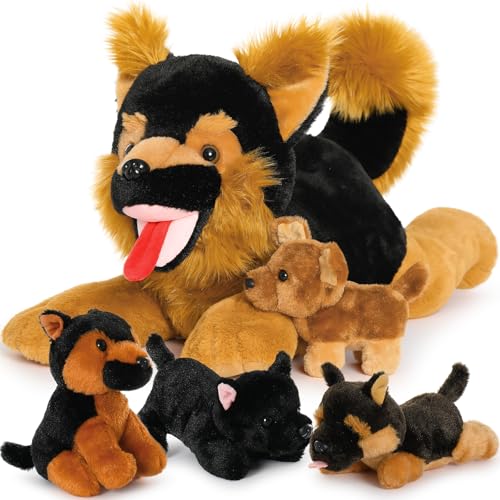 MorisMos 5 stücke Hund Kuscheltier XXL Set, 50cm lang riesen Schäferhund Kuscheltier mit 4 Babys im Bauch, groß Hund Plüschtier Stofftier XXL, braun Plüschhund dogteddy Geschenk Kinder Baby von MorisMos