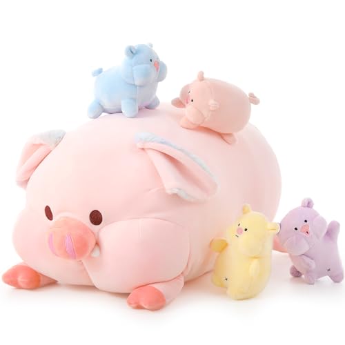 MorisMos 50cm Pink Schwein XXL Kuscheltier Stofftier, Süße Riesen Schwein Plüsch Tier Kissen mit 4 Babys, Schmusetier Kopfkissen Wurfkissen Puppe für Mädchen Baby von MorisMos