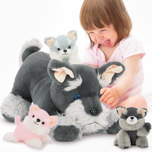 MorisMos 4 stücke Hund Kuscheltier XXL Set, 50cm lang riesen Schnauzer Hund Kuscheltier mit 3 Babys im Bauch, groß plüschhund stofftier Spielzeug Geschenk Kinder Baby von MorisMos