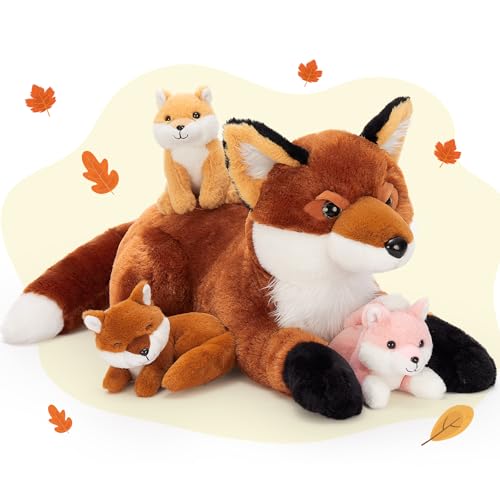MorisMos 4 stücke Fuchs Kuscheltier XXL Set, 55cm riesen Fuchs Kuscheltier mit 3 Babys im Bauch, groß Fuchs Plüschtier Stofftier, Foxteddy als Geschenk für Kinder Baby von MorisMos