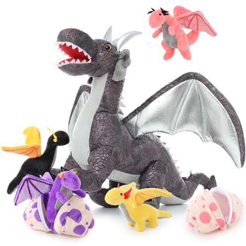 MorisMos 55cm Stehend Drache Kuscheltier mit Baby im Bauch, Grau Groß Plüschdrache Kuscheltiere XXL, Flauschiger Stofftier Plüschtier Dragor Dragon Teddys zum Spielen für Kinder von MorisMos