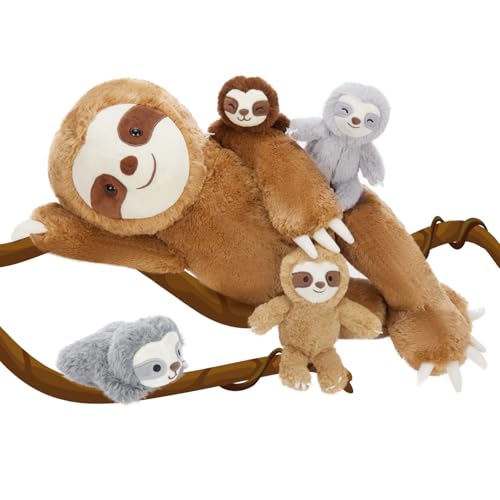 MorisMos 5 stücke Faultier Kuscheltier XXL Set, 56cm riesen Faultier Kuscheltier mit 4 Babys im Bauch, groß Faultier Plüschtier Stofftier Puppe, Slothteddy Geschenk für Babys Mädchen von MorisMos