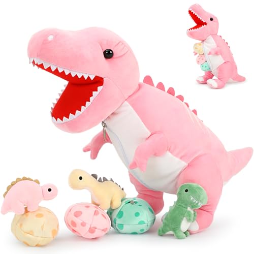 MorisMos 60cm hoch riesen Dino Kuscheltier XXL mit 3 Baby im Bauch, Rosa groß Dinosaurier Plüschtier Stofftier, weich Plüschdino Geburtstag Weihnachten Geschenk von MorisMos