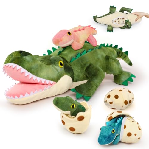 MorisMos 60cm lang Krokodil Kuscheltier XXL,Plüschkroko mit 3 kleinen Plüsch-Baby-Krokodilen im 3 Eier, Croco Plüsch-Alligator Plüschtiere Stofftiere Spieleset für Kinder Jungen Weihnachten Geschenk von MorisMos