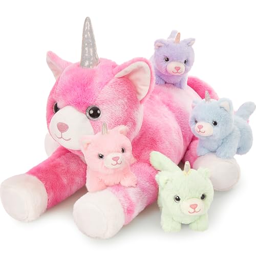 MorisMos 5 stücke Katze Einhorn Kuscheltier XXL Set, 60cm lang riesen Katze Mama Kuscheltier mit 4 Babys im Bauch, groß Katze Plüschtier Stofftier Geschenk Kinder Mädchen von MorisMos