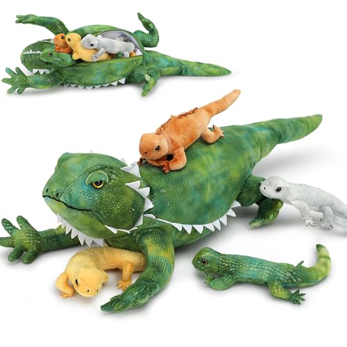 MorisMos 67cm lang Riesen Eidechse Kuscheltier mit 4 Babys im Bauch, Grün Groß PlüschEidechse Kuscheltiere XXL, Flauschiger Stofftier Plüschtier Lizard Teddys zum Spielen für Kinder von MorisMos