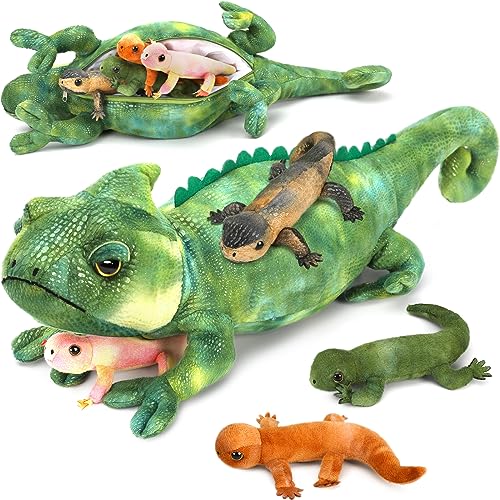 MorisMos 68cm lang Riesen Eidechse Kuscheltier mit 4 Babys im Bauch, Grün Groß PlüschEidechse Kuscheltiere XXL, Flauschiger Stofftier Plüschtier Lizard Teddys Jungen Gebutstag Geschenk von MorisMos