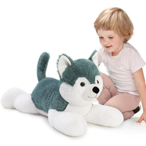 MorisMos 72cm Husky liegend Hund Kuscheltier XXL, Dunkel Blau riesen Plüschhund Stofftier,Geburtstag Geschenk Kinder Baby von MorisMos