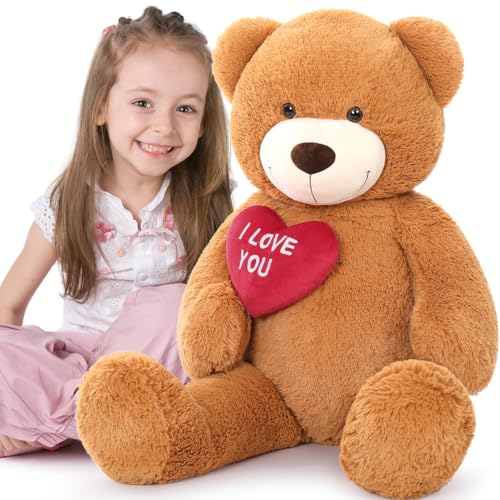 MorisMos 90cm Süß Teddybär groß XXL mit Rot Herz I Love You, Dunkelbraun Riesen Teddy Bär Kinder mädchen Freundin von MorisMos