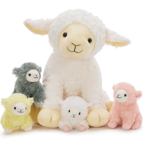 MorisMos Beige Schaf Kuscheltier XXL mit 4 Babys im Bauch, 35cm groß Schaf Plüschtier Stofftier Kuscheltiere, Geburtstag Weihnachten Geschenk von MorisMos