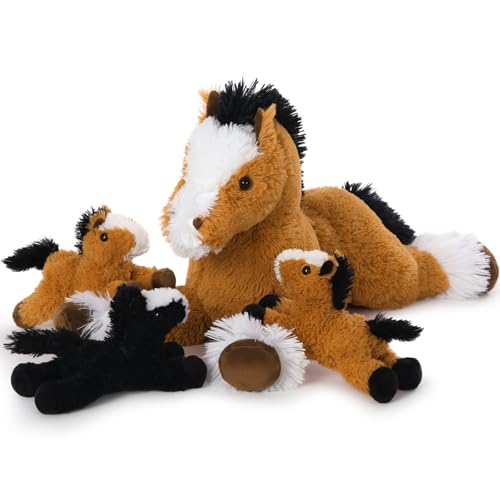 MorisMos Dunkel Braun riesen Pferd Kuscheltier XXL mit 3 Baby im Bauch, 54cm lang groß Plüschpferd Stofftier Plüschtier, Horse Geburtstag Weihnachten Geschenk Kinder von MorisMos