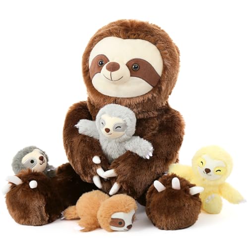 MorisMos Faultier riesen Kuscheltier XXL,60cm Sloth sitzende Faultier Stofftier Plüschtier mit 4 Baby im Bauch, Geburtstag Geschenk für Kinder Jungen von MorisMos