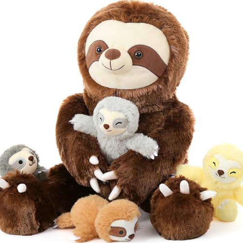 MorisMos Faultier riesen Kuscheltier XXL,60cm Sloth sitzende Faultier Stofftier Plüschtier mit 4 Baby im Bauch, Geburtstag Geschenk für Kinder Jungen von MorisMos