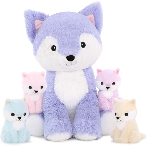 MorisMos Fuchs riesen Kuscheltier XXL,48cm sitzende Fox Stofftier Plüschtier mit 4 Baby im Bauch, Geburtstag Geschenk für Kinder Jungen von MorisMos