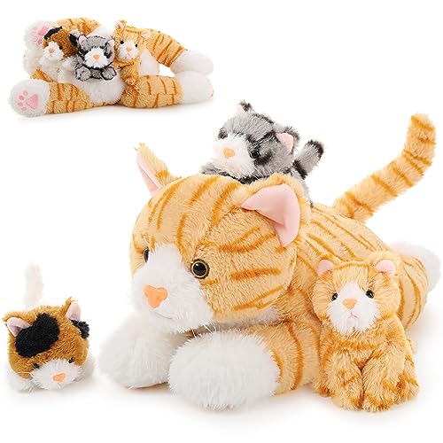 MorisMos Gelb Katze Kuscheltier XXL, 40cm Riesen Plüschtier Katze mit 3 Baby, Gross PlüschKatze Stofftier Weich Spielzeug, Geburtstag Geschenk für Kinder von MorisMos