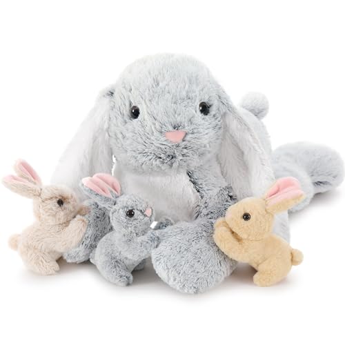 MorisMos Grau Kaninchen Hase Kuscheltier XXL, 60cm Riesen hase Plüschtier mit 3 Baby im Bauch, Groß Kaninchen XXL Stofftier Weich Spielzeug, Ostern Geburtstag Weihnachten Geschenk für Kinder von MorisMos