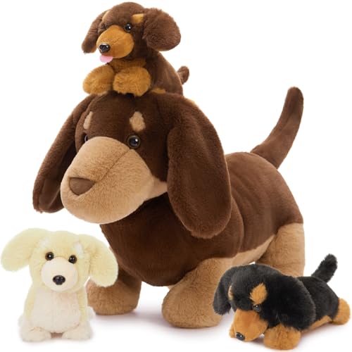 MorisMos Wursthund Dackel Hund Kuscheltier XXL mit 3 Baby im Bauch, Dunkelbraun plüschhund weich plüschtier stofftier Geburtstag Weihnachten Geschenk Kinder von MorisMos
