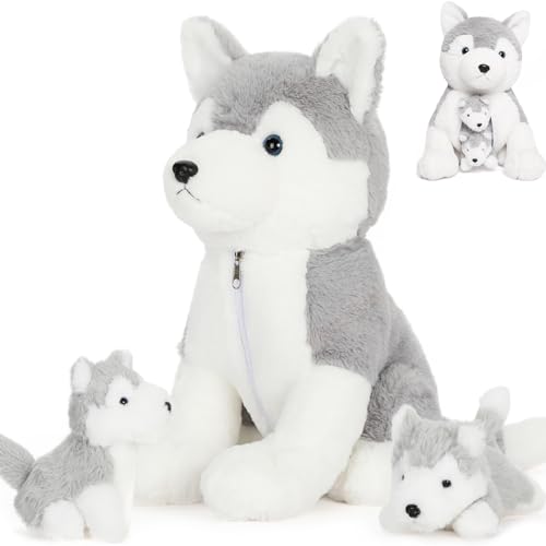 MorisMos Husky Kuscheltiere Hund mit 2 Baby im Bauch, 40cm Weich Plüschhund Stofftier, XXL Kuschelig Hund Spielzeug, Stuffed Dog Geburtstag Geschenk für Kinder von MorisMos