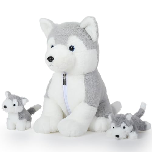 MorisMos Plüschtier-Husky, groß, 40 cm, realistischer Hund mit 2 Kawaii-Welpen, riesiger Husky, Plüsch-Spielzeug, Geschenk für Mädchen, Jungen, Geburtstag, Weihnachten, Dekoration von MorisMos